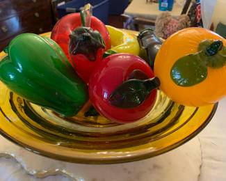 Murano Glass Fruit in Heavy Glass Bowl Centerpiece 