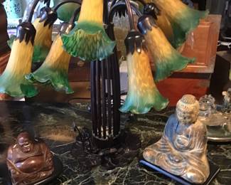 Tiffany Style Lamp and Buddha Statues 