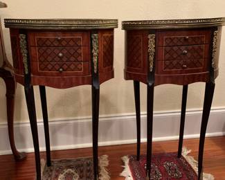 Pair of Antique French 3 Drawer Marquetry Side Tables