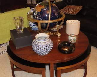 Coffee table, large globe, Waterford vase, Asian vases.