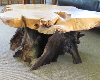 Burlwood coffee table.