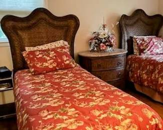 Pair of Twin Beds by Henry Link, Everything Included, Headboards (wicker like design), Frames, Bedding,  Plush Top Posturepedic Mattresses and, Box Springs  Headboard 47 x 63