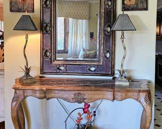Entryway Table with Marble Inlay, 65 x 21 x  34                                                                                                               
Mirror, 38 x 48                                                                                     Pair of Detailed Lamps  (see next photo)                                                                              