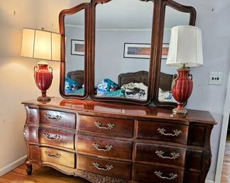 White of Mebane, 9 Drawer French Provincial Louis XV  Cherry Wood Dresser with Tri Fold Mirror, 75 x 21 x 36