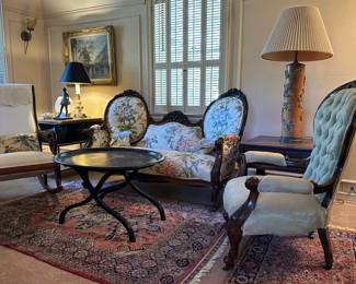 Turn of the 20th century style seating, rocker, armchair and settee,, decorated paper mache tray on cross stretcher base. 