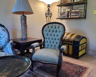 Balloon, back arm chair, Asian style end, table, wallpaper-printing roll table, lamp, steamer, trunk, iron bakers rack wall unit
