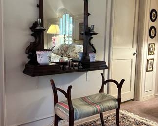 Turn of the 20th century style framed mirror, dressing, table bench