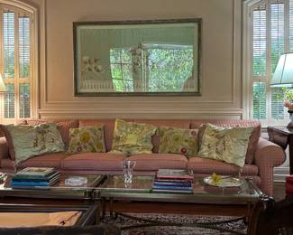 Four seat sofa, double brass/glass cocktail tables, Pembroke lamp tables framed needlework on satin panel