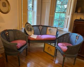 Polly chrome painted settee and side chairs with cane inset panels, framed  images of young children
