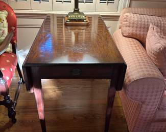 Drop leaf Pembroke table with drawer, antique glass and column oil lamp converted to electricity