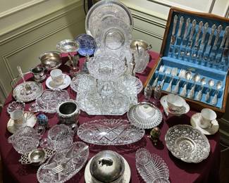 American Brilliant Cut glass, Crystal, porcelain, Silver Serving  pieces