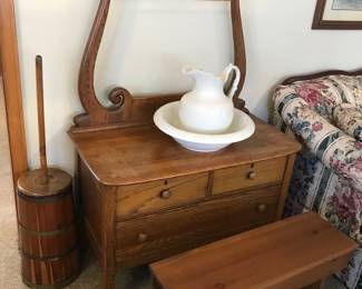 Oak Washstand, Pine Bench, Antique Butter Churn 