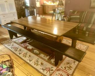 Trestle table (second view), wooden benches (painted black)
