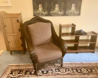 Ethan Allen wicker chair with cushions, wooden cabinet and wooden shelf