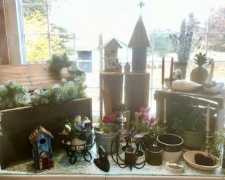 Misc. decor, bird houses (SOLD), antique hinged top box (SOLD), advertising boxes, etc.