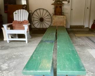 Wooden green painted benches