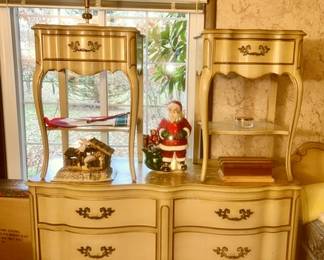 Vintage French Provincial dresser (with mirror not shown), pair of night stands