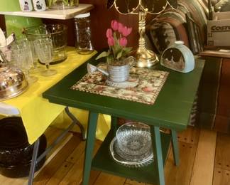 green painted side table, touch lamp, etc. decor, kitchen items