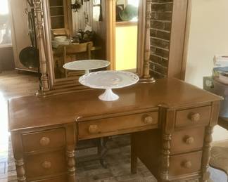 Beautiful maple vanity w/ mirror, Milk glass cake stand (SOLD)