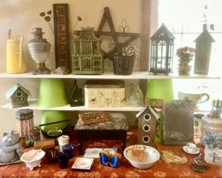 Misc. decor (SOME SOLD), bird houses (SOLD), antique lamp, metal bread box, etc.