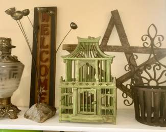 Greek key lamp base, Welcome sign, decorative birdhouse, wooden star, metal planter