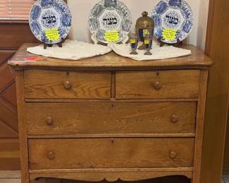 Antique Chest and on top Rare 3 Jewish Plates 19th Century