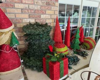 Yard Decoration Santas, trees, Christmas Balls and Present Hanging Garland wreaths, large lighted garland swags