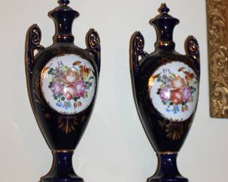 a pair of cobalt Limoges China lidded urns RHB