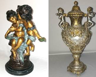 bronze statue and urn w cherub handles