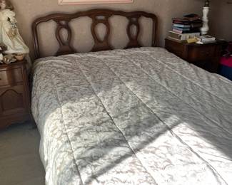 Solid wood bedroom set. Made by Bassett. Includes: queen bed frame and headboard, two side tables, tall dresser and lower dresser. 