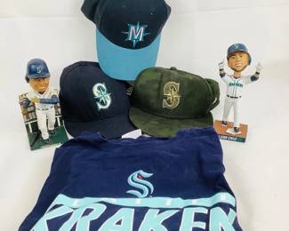 COCH326 Seattle Mariners Memorabilia I 2 Bobbleheads ( Cruz and Griffey), 3Baseball Caps and 1each Kraken TT-Shirt size 2x.