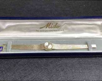 JUCR100 Beautiful, Solid Gold, Mido Womens Watch In original box with original tag. In working order. Stamped France, 14k Gold, 585, B & A