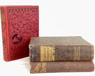 JUCR946 Antique Charles Dickens Books Dame Duren red hardcover book, 1897. A Child's History of England. Christmas Books, hardcover. Edwin Drood hardcover, 1889. Some wear due to age such as binding separation, discoloration, tears.