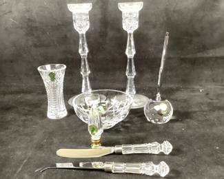 GRLE302 Waterford Crystal Selection Two Candlestick Holders, a Small Bowl, Pen Holder, Small Vase, A Pointer Spear, and 2 Cheese Servers. Candlestick Holders are approximately 9.5';tall.