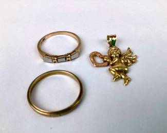 JUCR943 14k Gold Rings Pendant 2 rings and 1 angel pendant holding a rose gold heart.