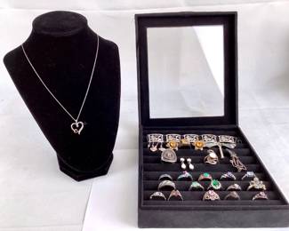 JUCR940 Sterling Jewelry Assortment Women's rings, pins, bracelet and earrings stamped 925. Silver 925heart with stones & 10k gold heart pendant necklace.