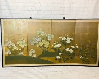 GRLE359 Original Four Panel Hand Painted Screen Beautiful detailed screen is36' x 70'. The subject is. Mums & Autumn Flowers. By Setsuga. Comes with 2 metal hooks to hang on the wall.