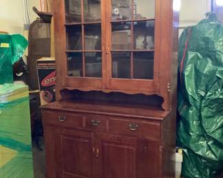 JIFI804 Vintage Cabinet Vintage wooden cabinet with upper glass display. Hanging hooks above the lower shelf and back groove for plate display. Approximately 51' wide * 81' tall by 21' deep