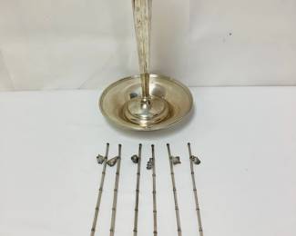 GRLE308 Sterling Vintage Trumpet Vase And More 1- 10.5' Trumpet Vase with small dish and 6 Tea Type Spoons with different Charms on each. The approximate gram weight for this lot is 330g.