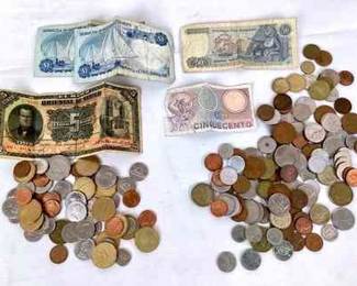 CT929 Antique Vintage Foreign Currency Bills from Bermuda, Mexico -1910, Italy & more. Large assortment of coins from Italy, New Zealand, & France among many others, & assortment of Canadian coins.