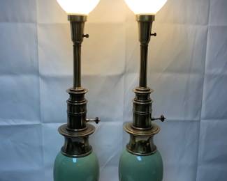GRLE321 Pair Of Regency Style Brass And Porcelain Lamps Large 33.5' Tall 1980's Ostrich Egg lamps in a Celadon Green. There is some tarnishing on one lamp - see pic. Light bulbs are not included.