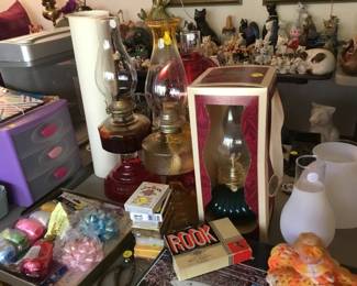 Kerosene lamps, vintage games.