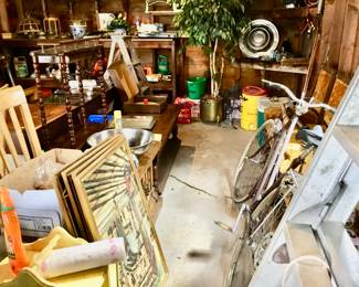 Dining chairs, antique bike.