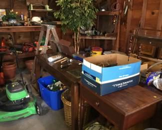 Lawn mower, tables.