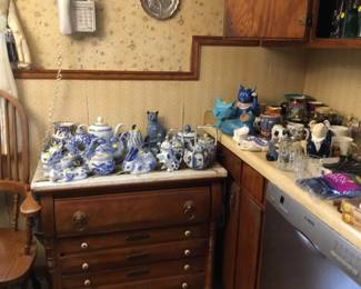 Vintage cabinet, collectibles.