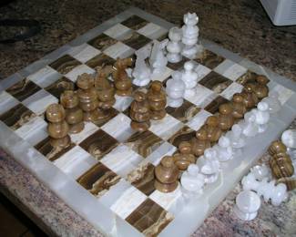 14.5" Square Onyx Chess Board - beautiful! $30.00. The pieces are incomplete, but board is very nice.