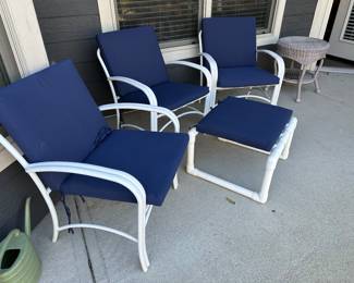 A114 - $40 - 3 Plastic Framed Chairs - Single Ottoman. 