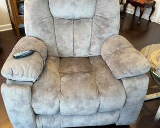 A11 - Measures 41" wide outside of arms. Seat is 22" wide. 36" deep. 42" tall floor to top of seat. Has remote to massage. USB charger in the side. Cup holder on each side. 