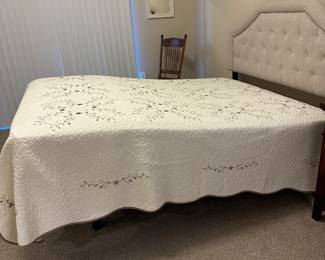 A20 - $350. Queen size upholstered headboard with original mattress factory adjustable base & clean mattress. 