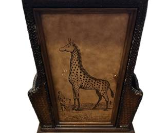 Animal themed giraffe table with 2 side storage slots and a door that opens up to storage shelves.
